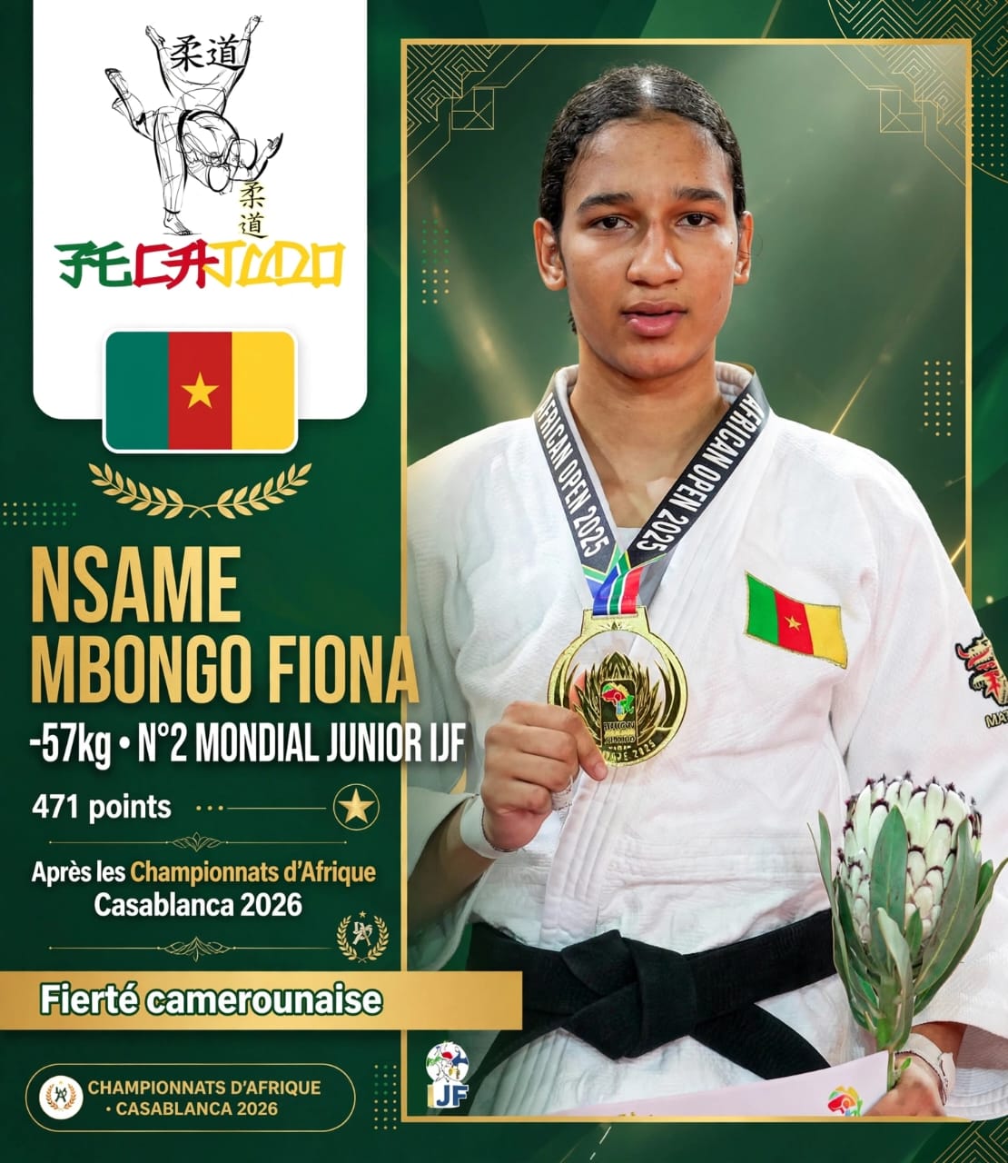 JUDO: FIONA NSAME MBONGO PROPULSÉE AU 2ÈME RANG MONDIAL APRÈS LE CHAMPIONNAT D&rsquo;AFRIQUE DE CASABLANCA